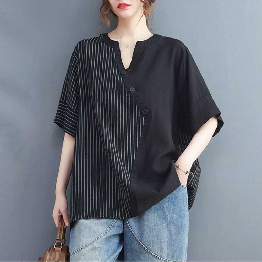 Plus size top, slimming V-neck short-sleeved shirt for women, summer wear